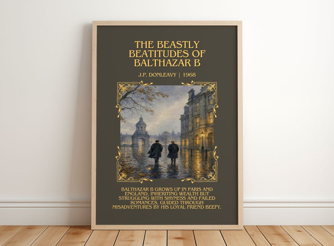 Beastly Beatitudes Of Balthazar B Minimalist Book Poster – framed print leaning on a wooden floor