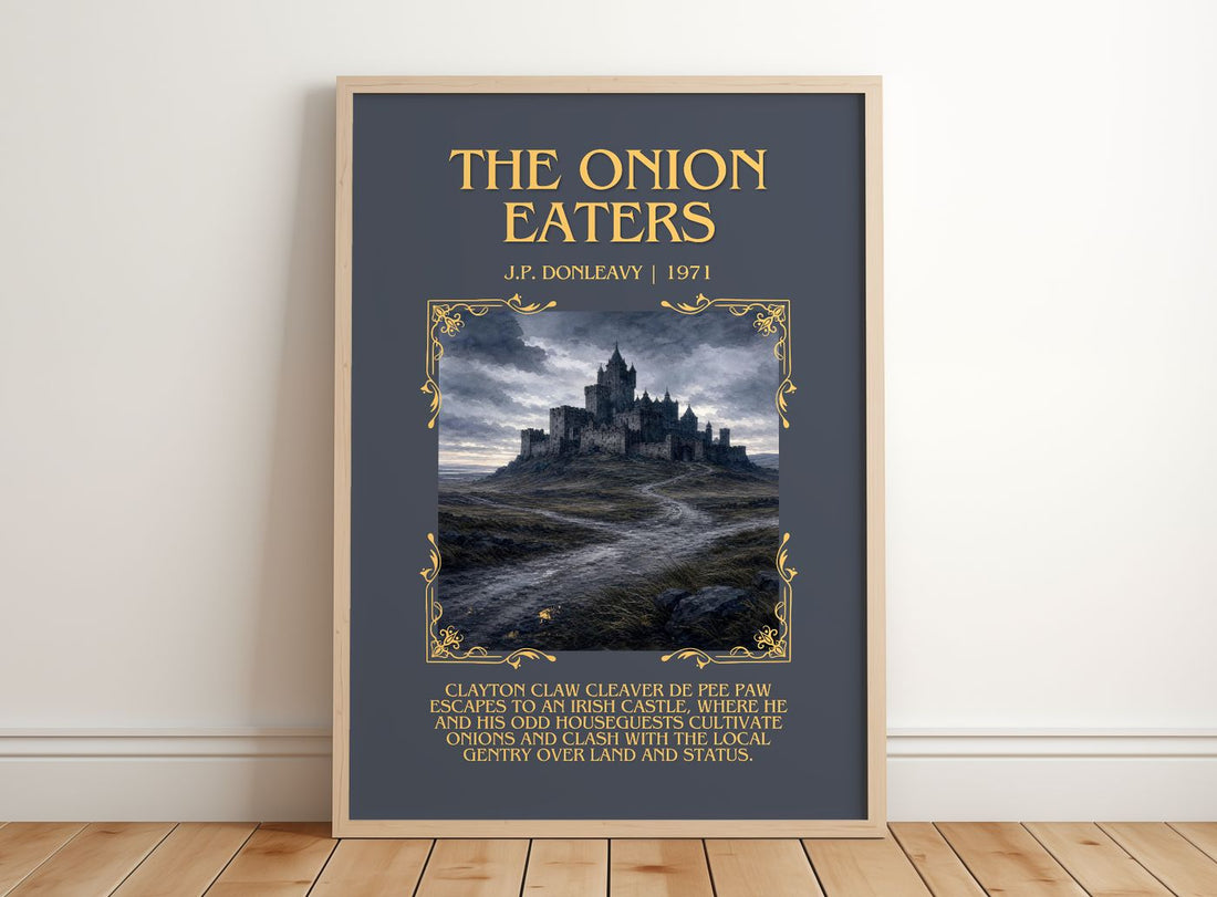 The Onion Eaters Minimalist Book Poster by J.P. Donleavy – framed print leaning on a wooden floor