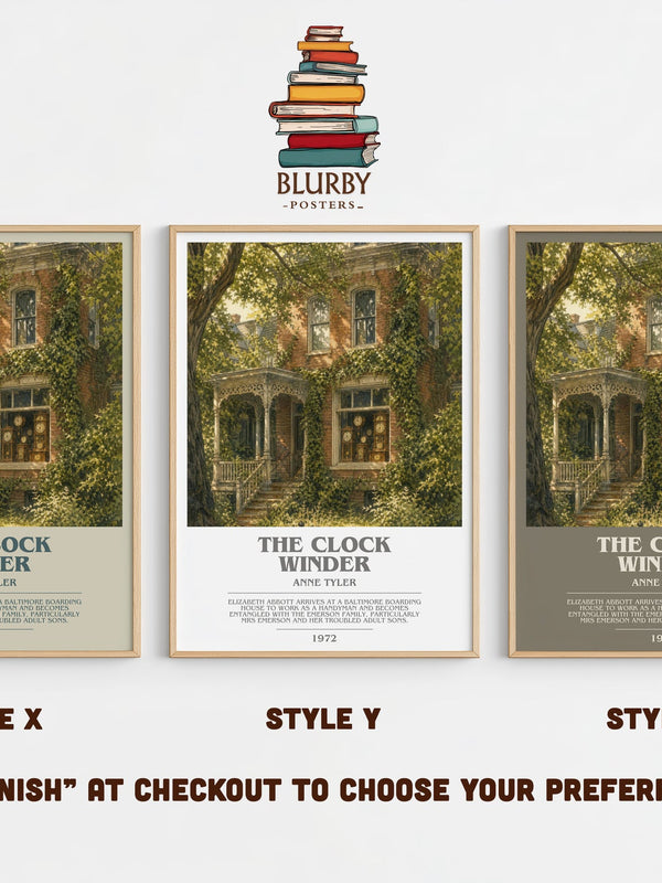 The Clock Winder bookish print in frame leaning in hallway – literary fiction wall art