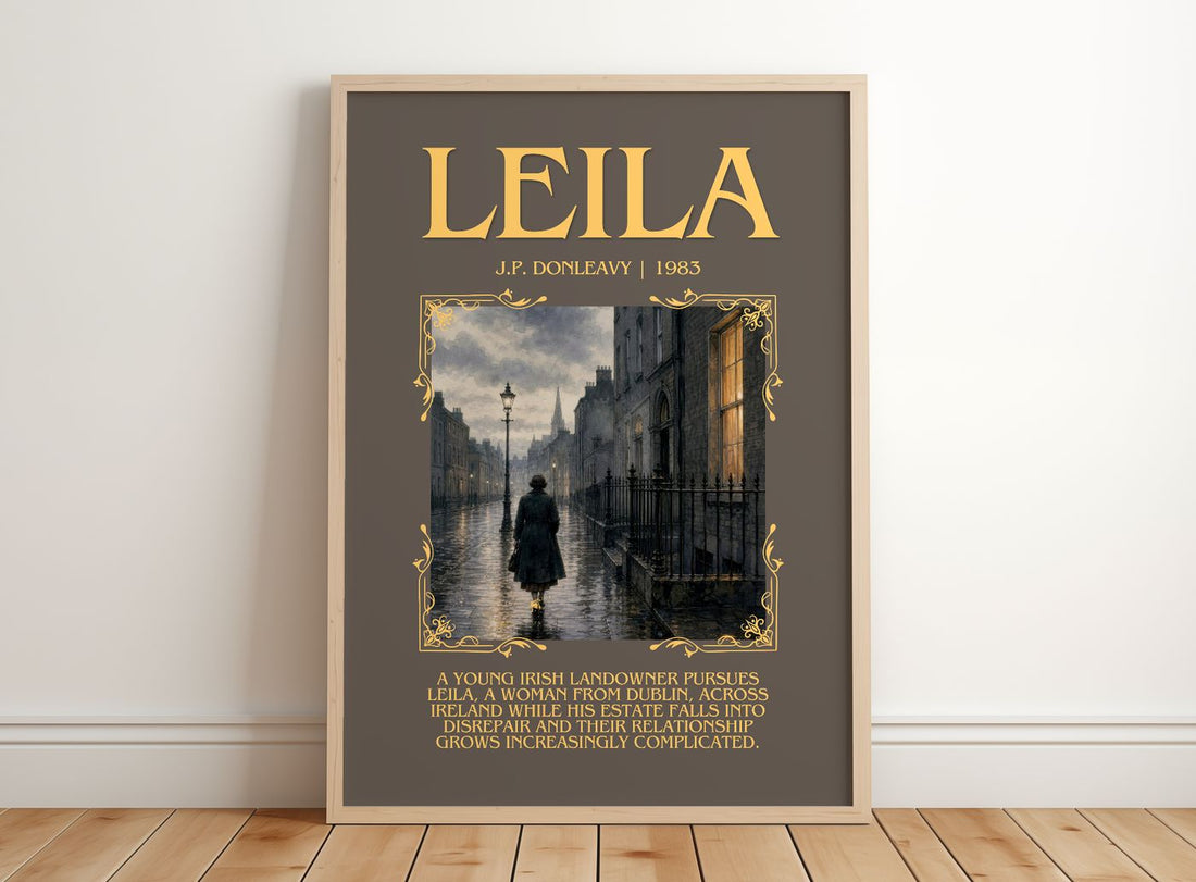 Leila Minimalist Book Poster by J.P. Donleavy – framed print leaning on a wooden floor