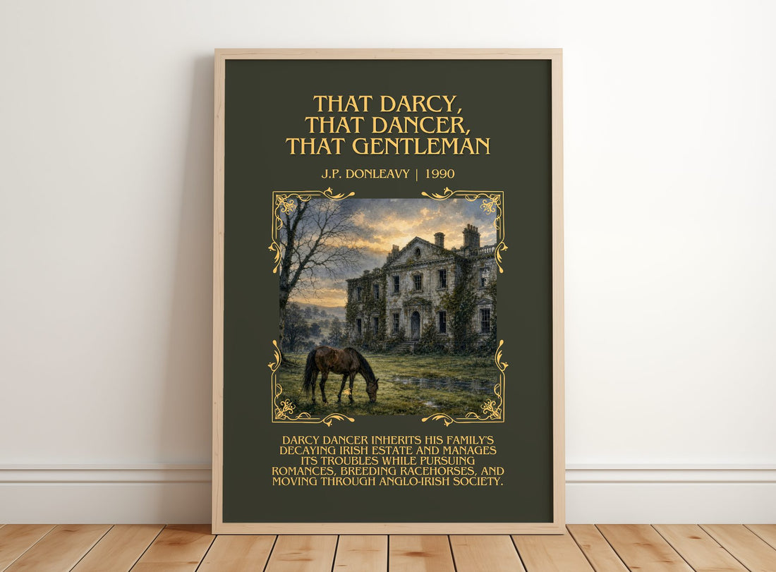That Darcy, That Dancer, That Gentleman Minimalist Book Poster – framed print leaning on a wooden floor