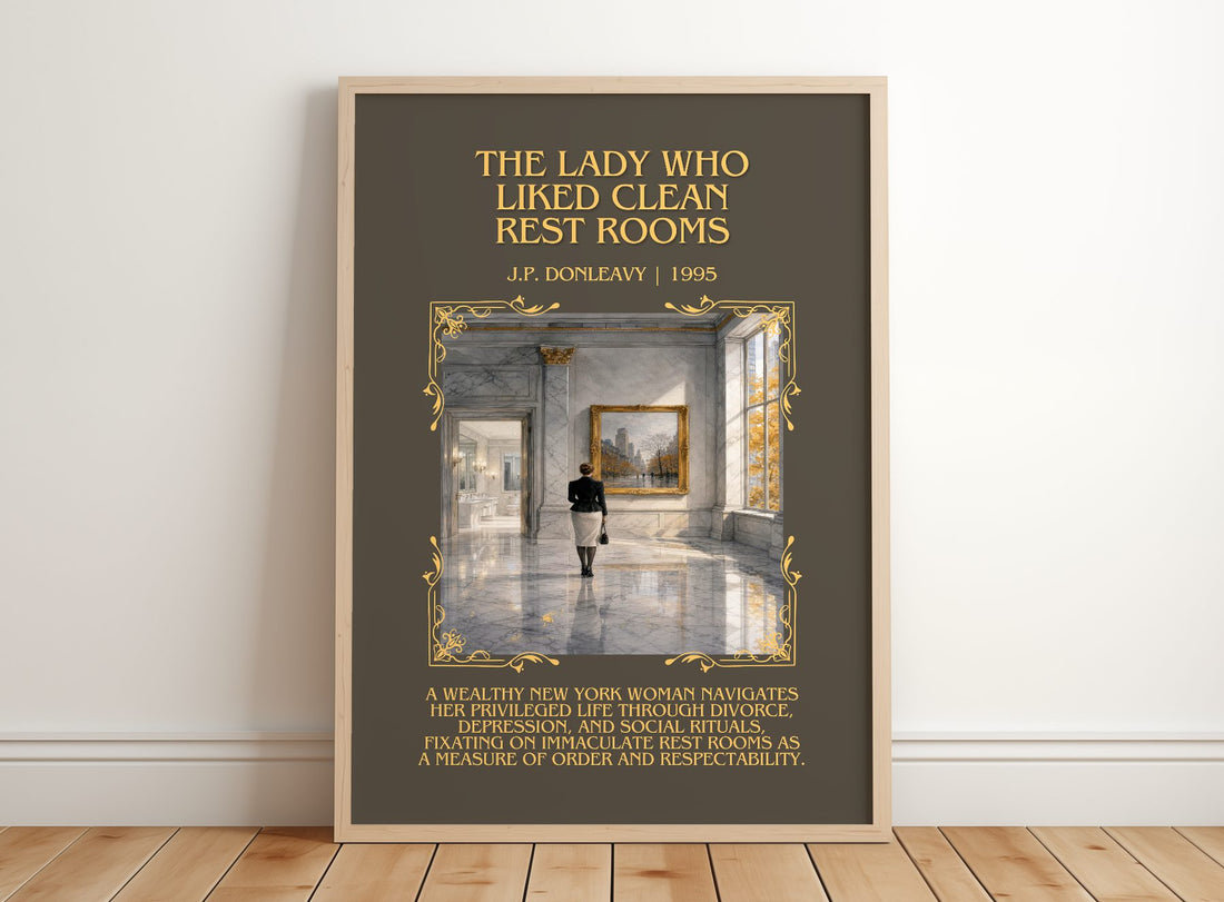 Lady Who Liked Clean Rest Rooms Minimalist Book Poster by J. Donleavy – framed print leaning on a wooden floor
