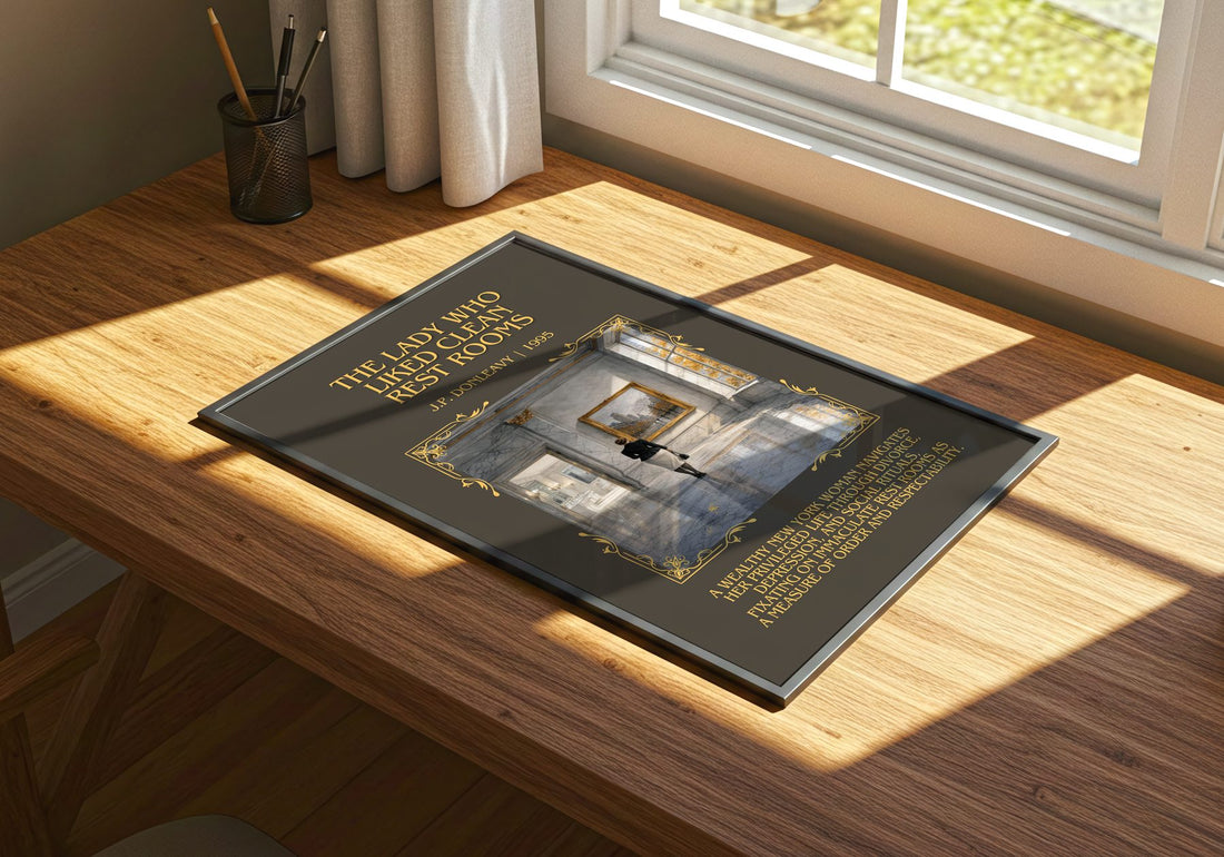 Lady Who Liked Clean Rest Rooms Minimalist Book Poster by J. Donleavy – print on a sunlit desk