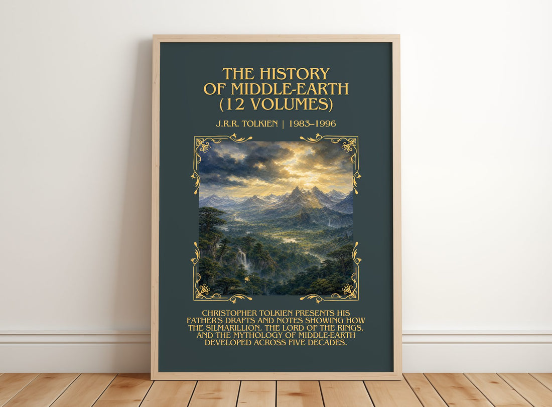 History Of Middle-Earth (12 Volumes) Minimalist Book Poster – framed print leaning on a wooden floor