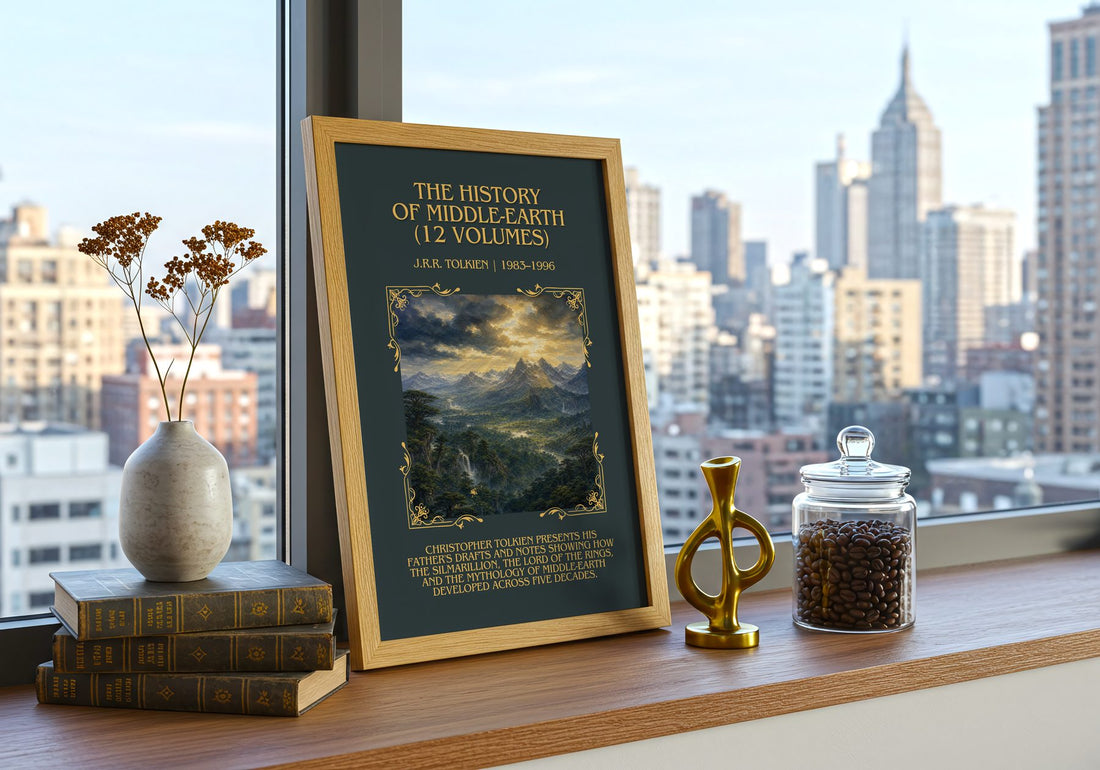 History Of Middle-Earth (12 Volumes) Minimalist Book Poster – framed print on a city-view windowsill
