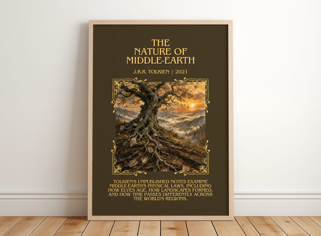 The Nature Of Middle-Earth Minimalist Book Poster by J.R.R. Tolkien – framed print leaning on a wooden floor