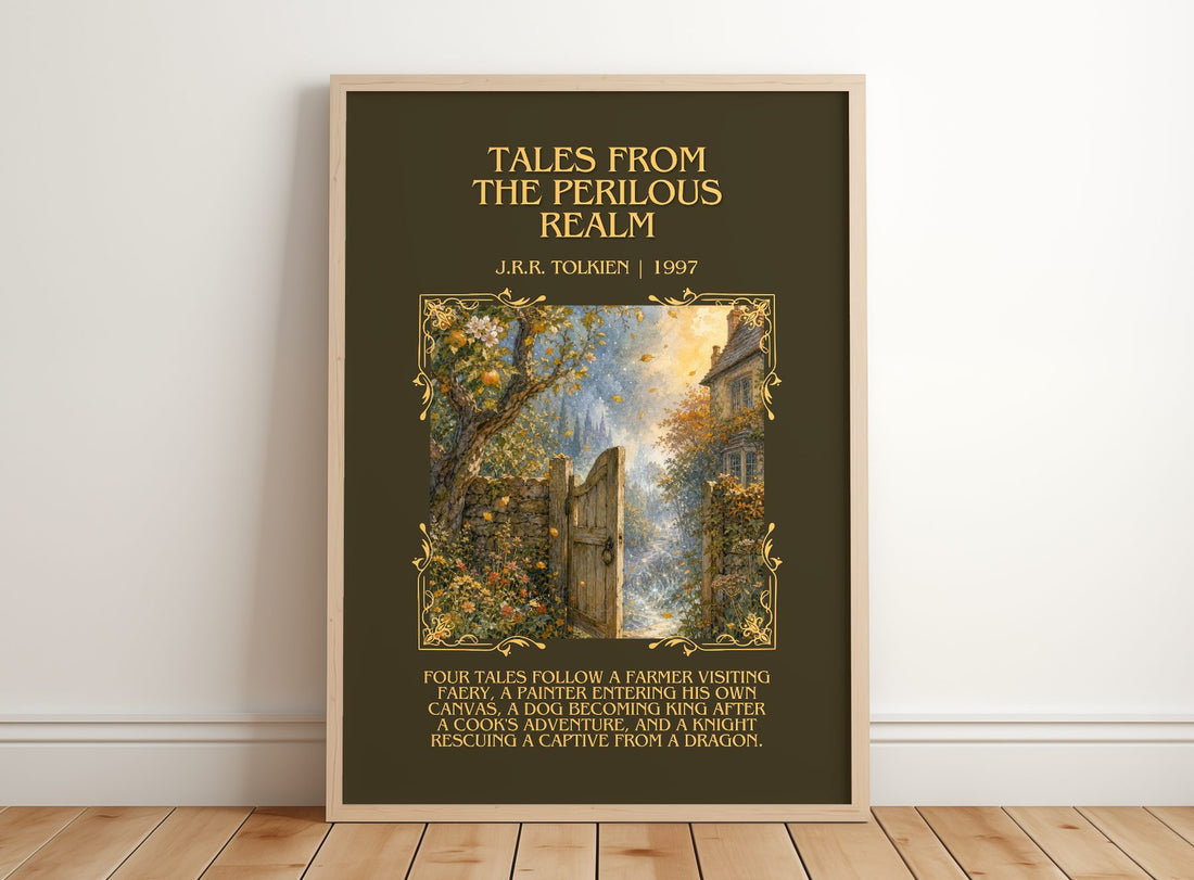 Tales From The Perilous Realm Minimalist Book Poster by J.R.R. Tolkien – framed print leaning on a wooden floor