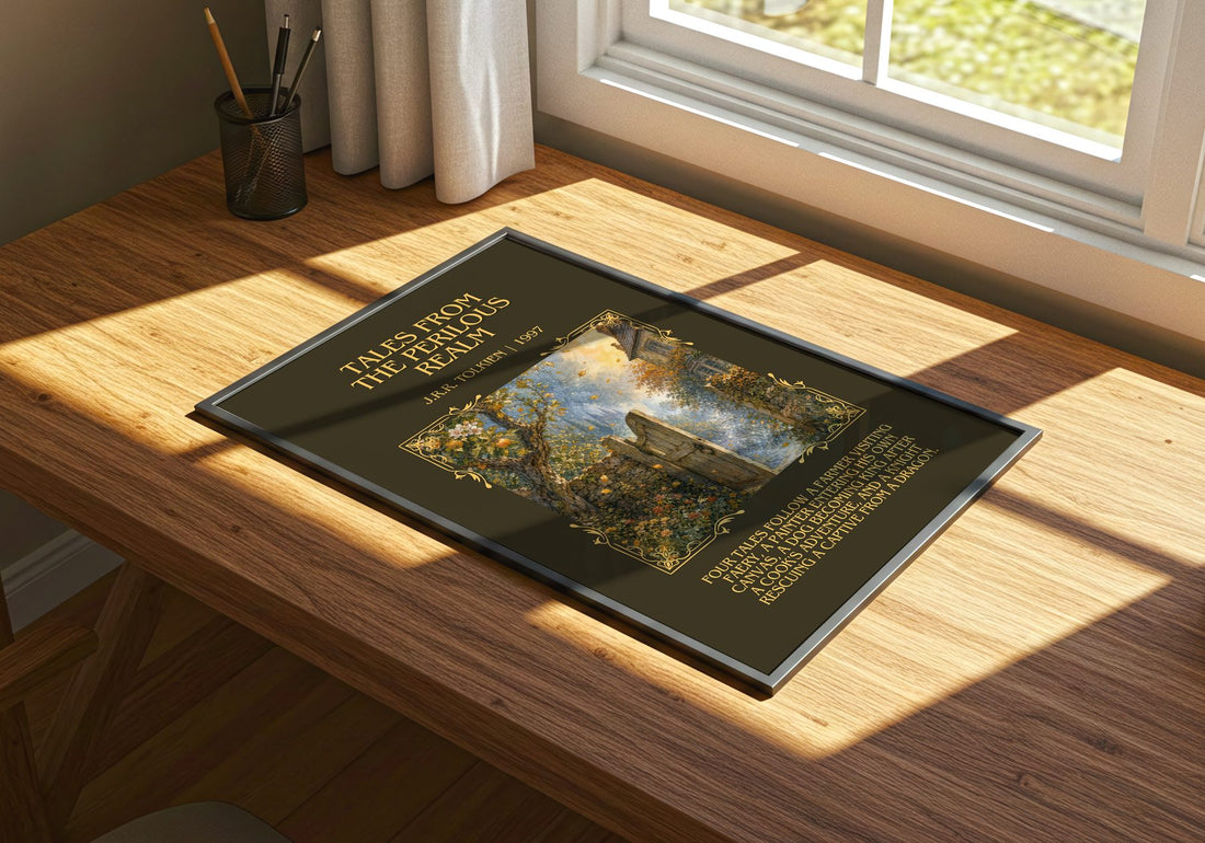 Tales From The Perilous Realm Minimalist Book Poster by J.R.R. Tolkien – print on a sunlit desk