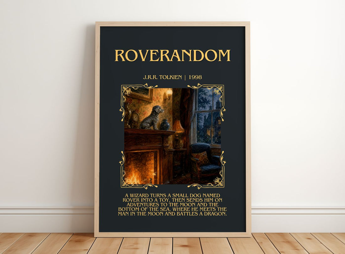 Roverandom Minimalist Book Poster by J.R.R. Tolkien – framed print leaning on a wooden floor