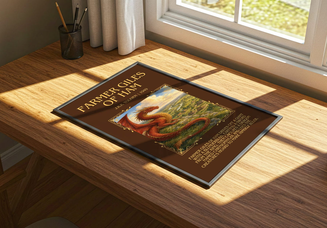 Farmer Giles Of Ham Minimalist Book Poster by J.R.R. Tolkien – print on a sunlit desk