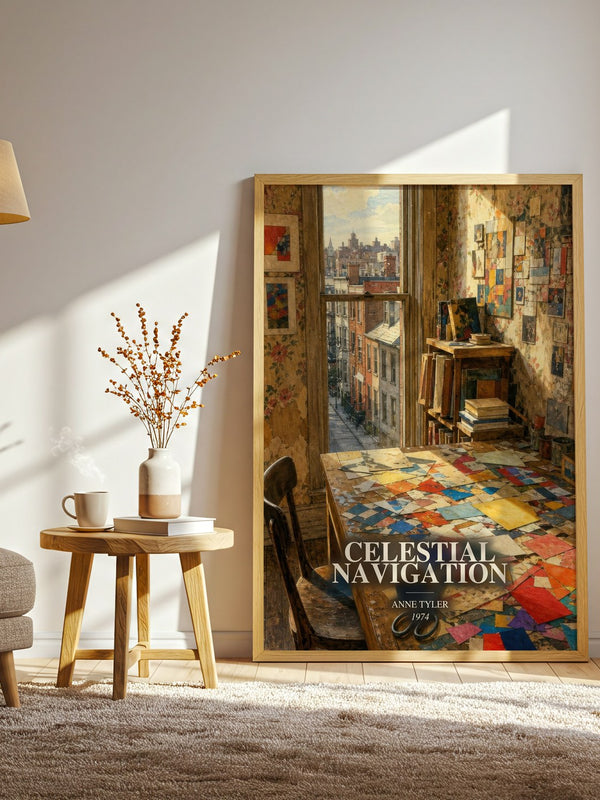 Celestial Navigation watercolour print in frame leaning in hallway – literary fiction wall art