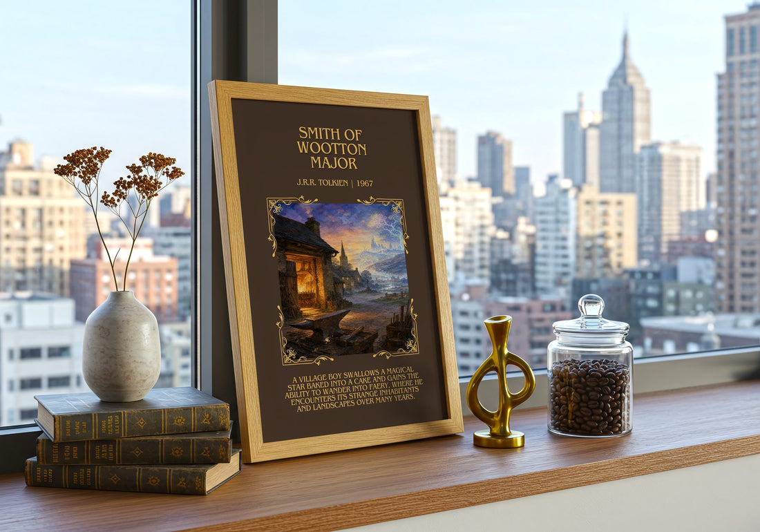 Smith Of Wootton Major Minimalist Book Poster by J.R.R. Tolkien – framed print on a city-view windowsill