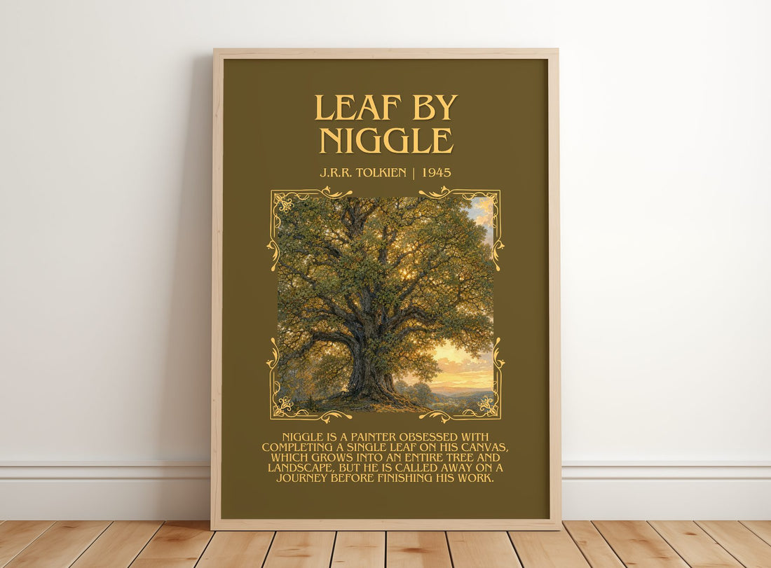 Leaf By Niggle Minimalist Book Poster by J.R.R. Tolkien – framed print leaning on a wooden floor