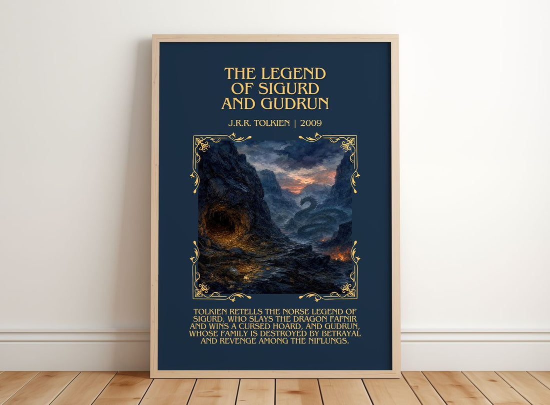 Legend Of Sigurd And Gudrún Minimalist Book Poster by J.R.R. Tolkien – framed print leaning on a wooden floor