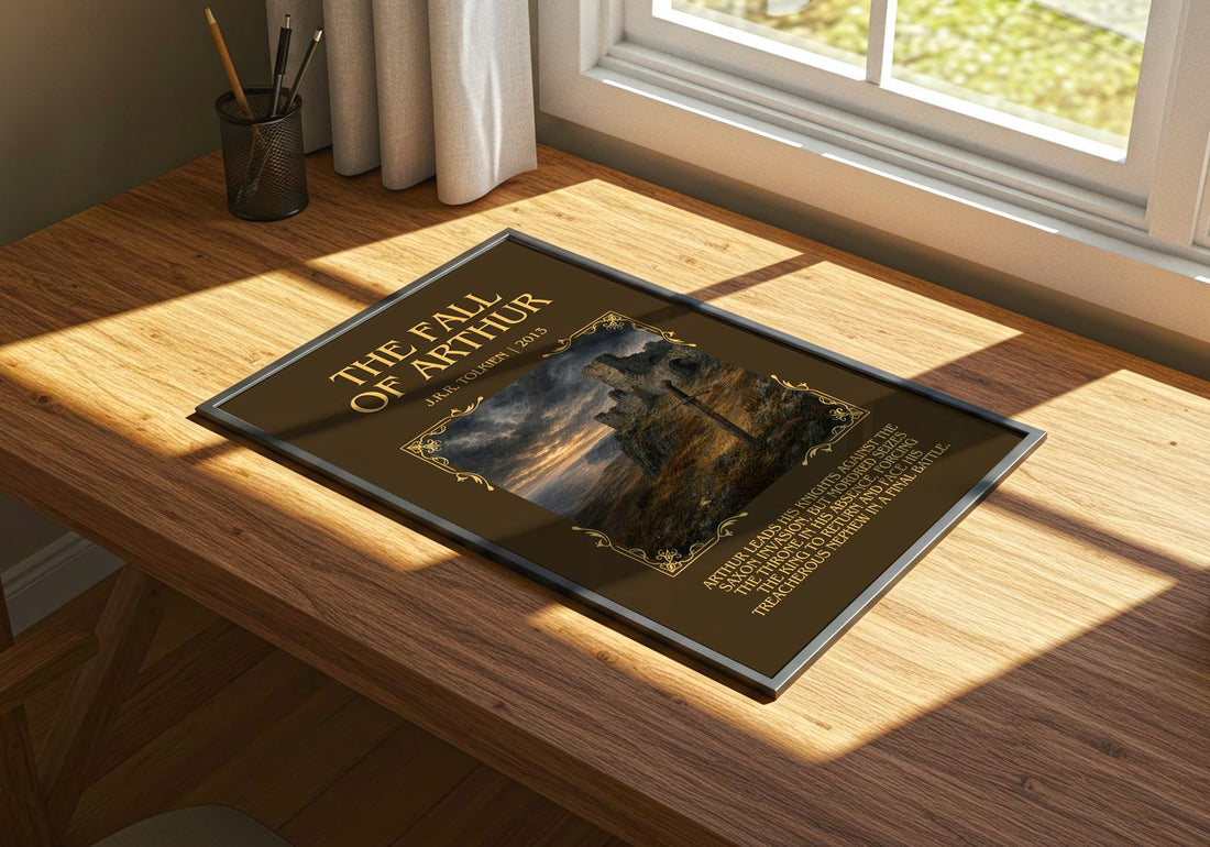 The Fall Of Arthur Minimalist Book Poster by J.R.R. Tolkien – print on a sunlit desk