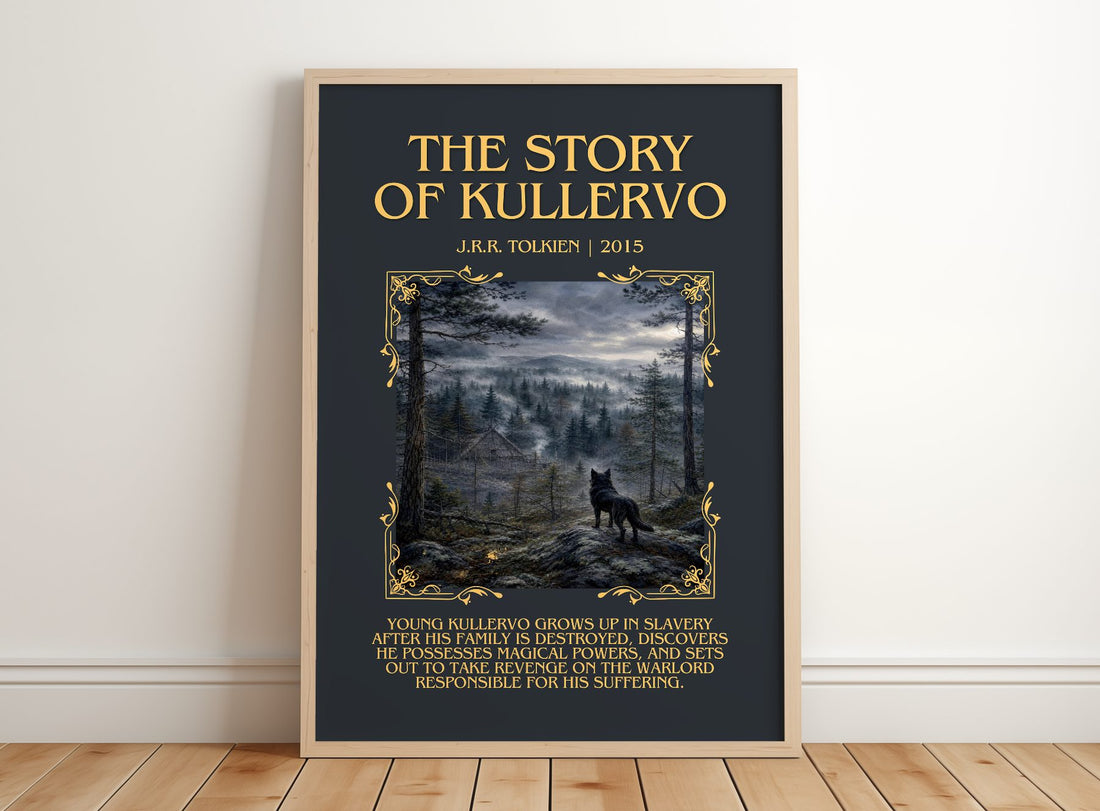 The Story Of Kullervo Minimalist Book Poster by J.R.R. Tolkien – framed print leaning on a wooden floor