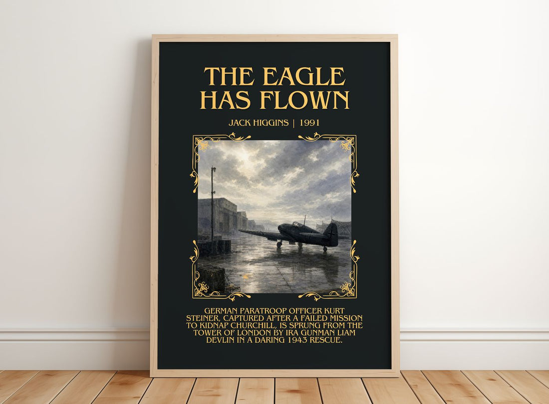 The Eagle Has Flown Minimalist Book Poster by Jack Higgins – framed print leaning on a wooden floor
