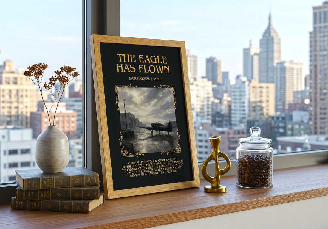 The Eagle Has Flown Minimalist Book Poster by Jack Higgins – framed print on a city-view windowsill