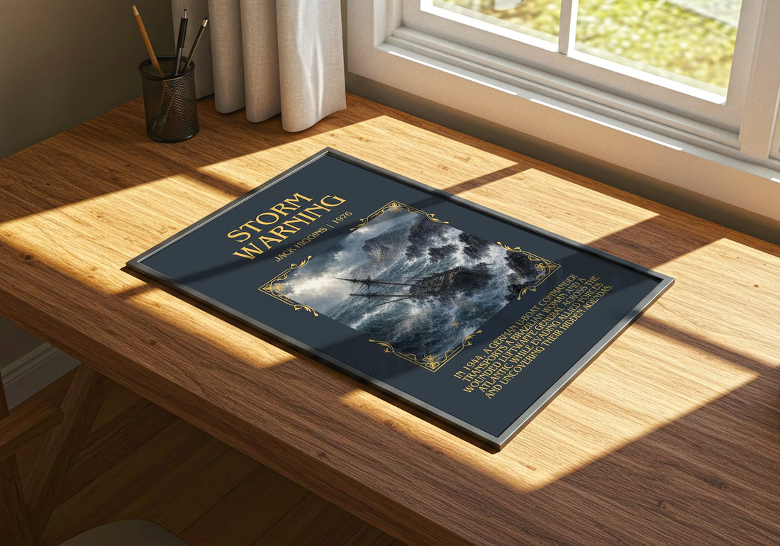 Storm Warning Minimalist Book Poster by Jack Higgins – print on a sunlit desk