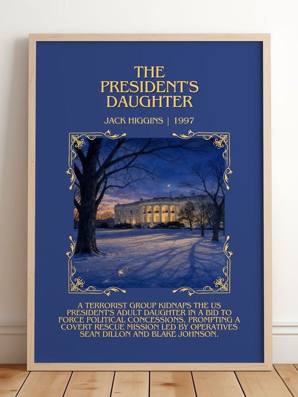 The President'S Daughter Minimalist Book Poster by Jack Higgins – framed print leaning on a wooden floor