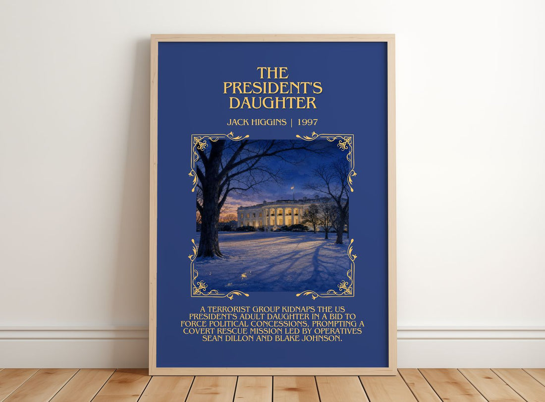 The President'S Daughter Minimalist Book Poster by Jack Higgins – framed print leaning on a wooden floor