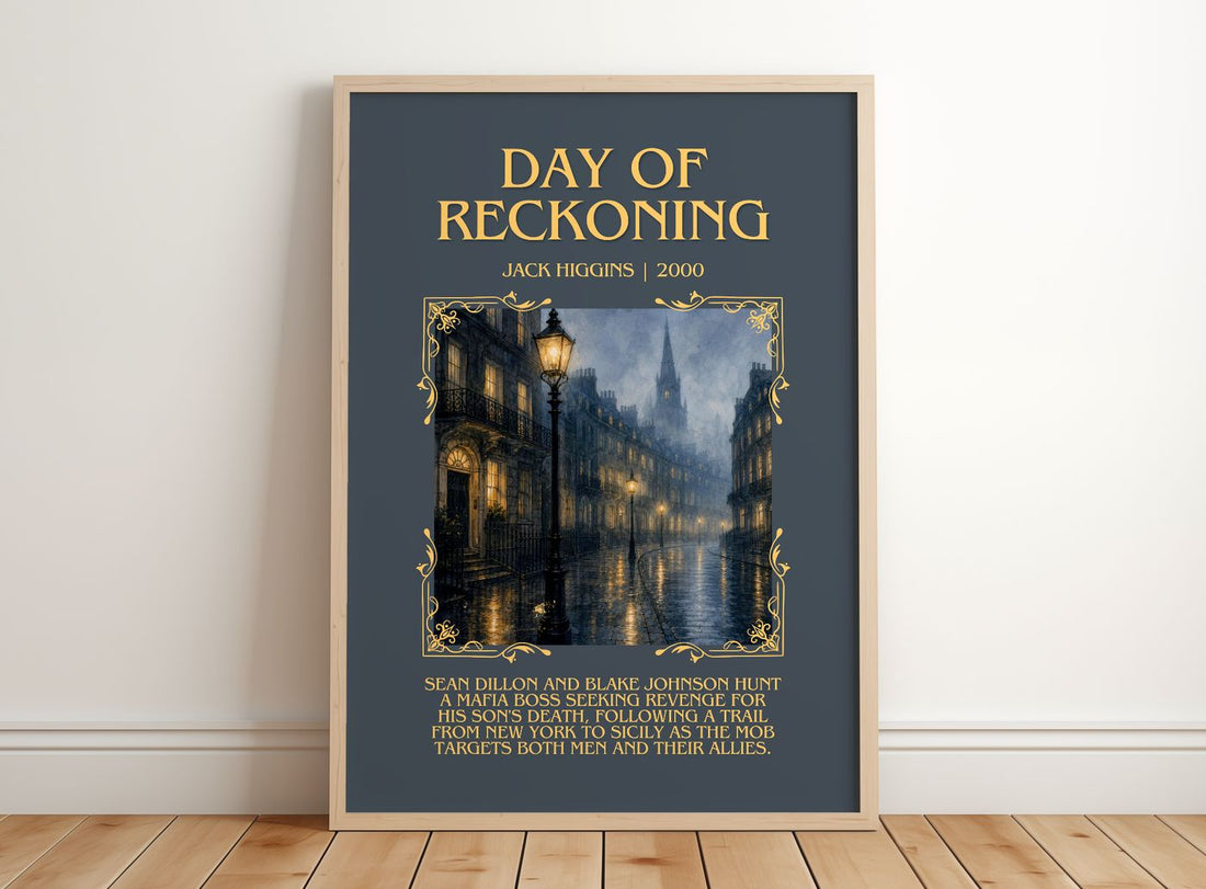 Day Of Reckoning Minimalist Book Poster by Jack Higgins – framed print leaning on a wooden floor
