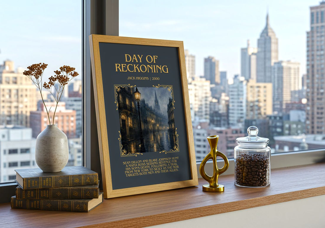 Day Of Reckoning Minimalist Book Poster by Jack Higgins – framed print on a city-view windowsill
