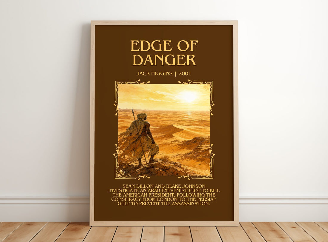 Edge Of Danger Minimalist Book Poster by Jack Higgins – framed print leaning on a wooden floor