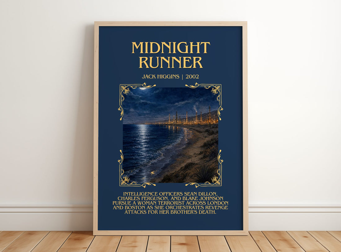 Midnight Runner Minimalist Book Poster by Jack Higgins – framed print leaning on a wooden floor