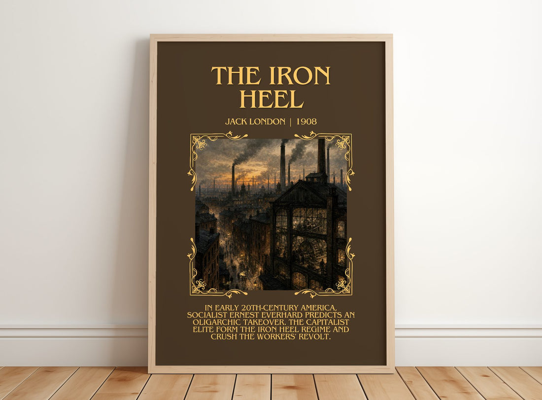 The Iron Heel Minimalist Book Poster by Jack London – framed print leaning on a wooden floor