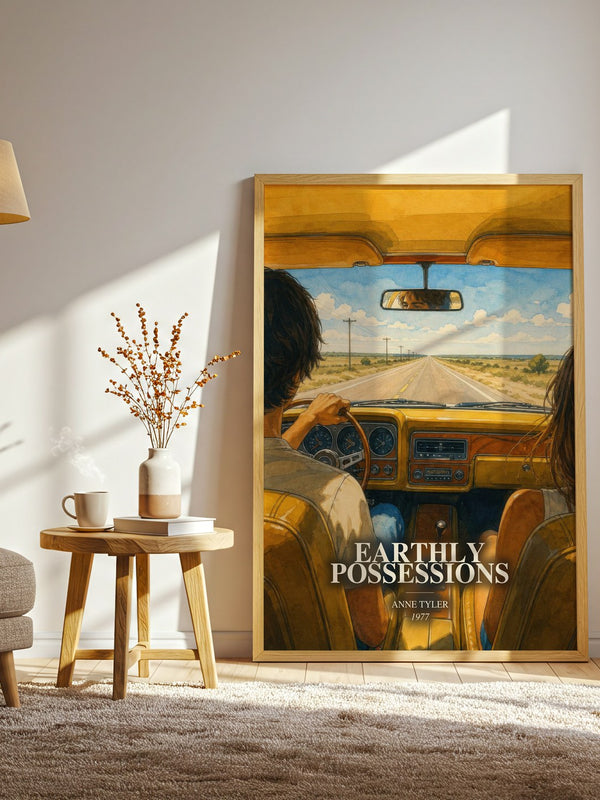 Earthly Possessions watercolour print in frame leaning in hallway – literary fiction wall art