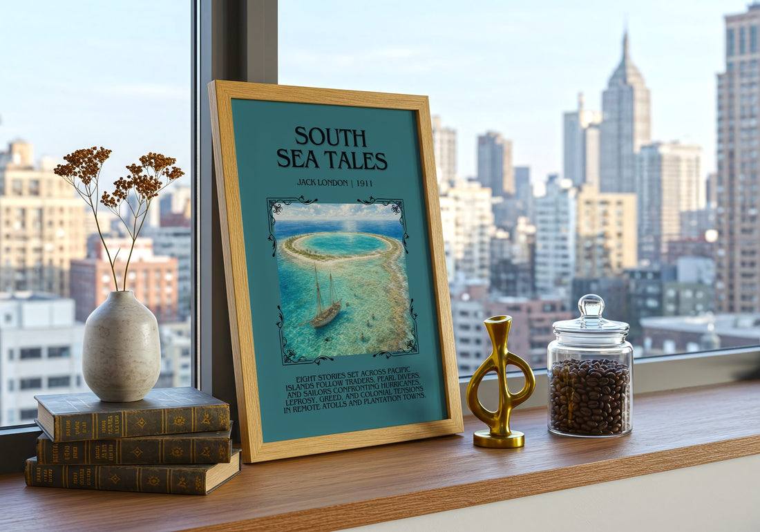 South Sea Tales Minimalist Book Poster by Jack London – framed print on a city-view windowsill