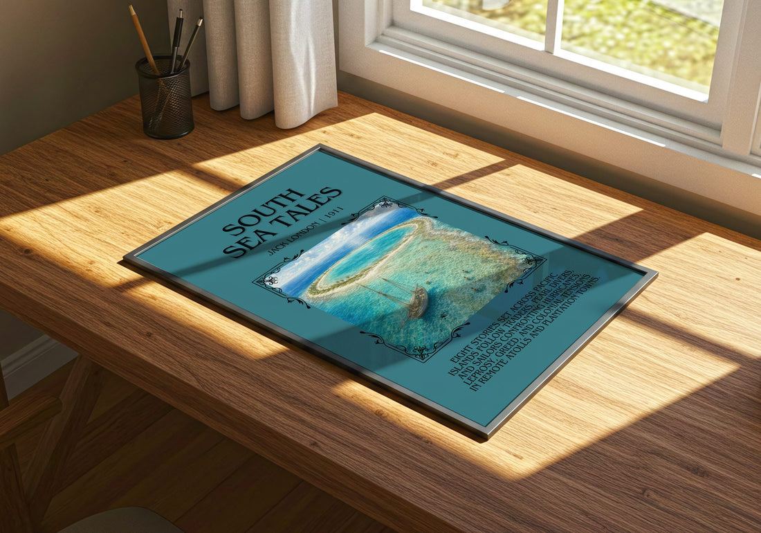 South Sea Tales Minimalist Book Poster by Jack London – print on a sunlit desk