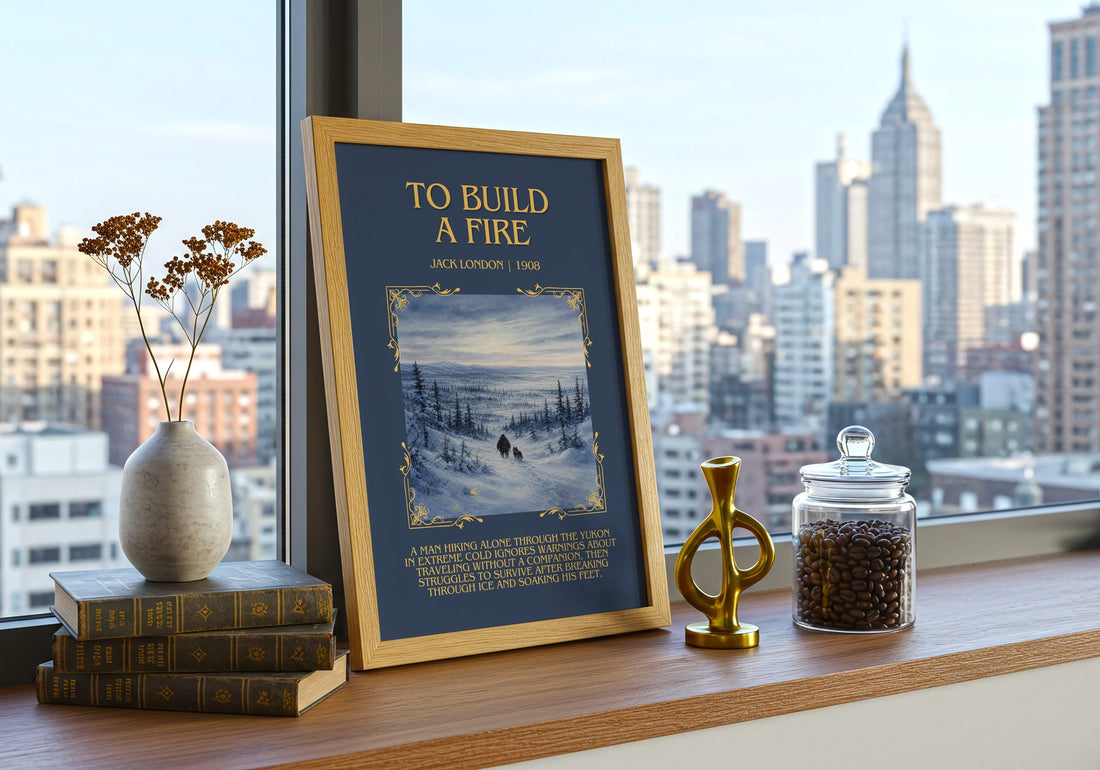 To Build A Fire Minimalist Book Poster by Jack London – framed print on a city-view windowsill