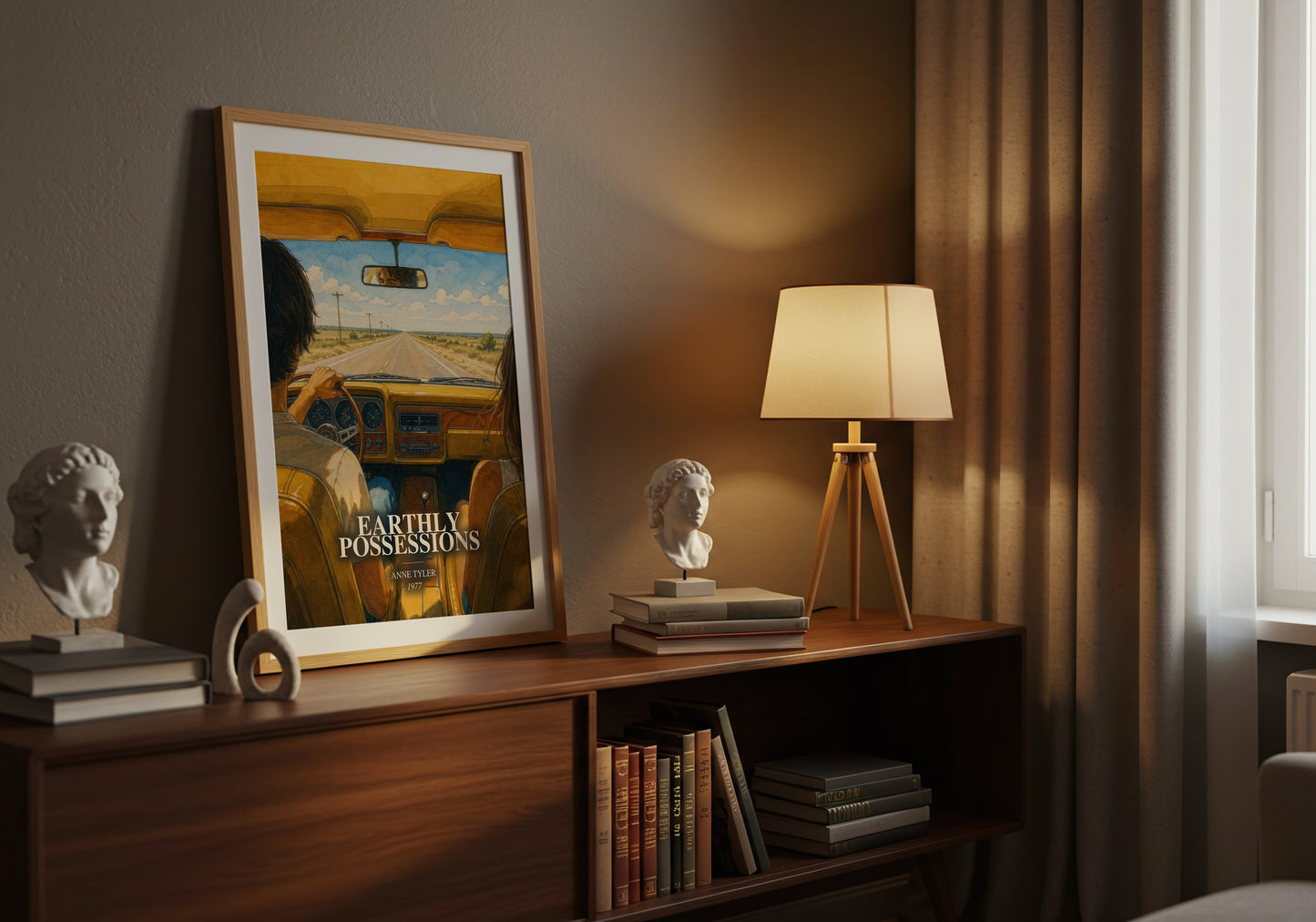 Earthly Possessions watercolour print on bookshelf – Anne Tyler fan gift