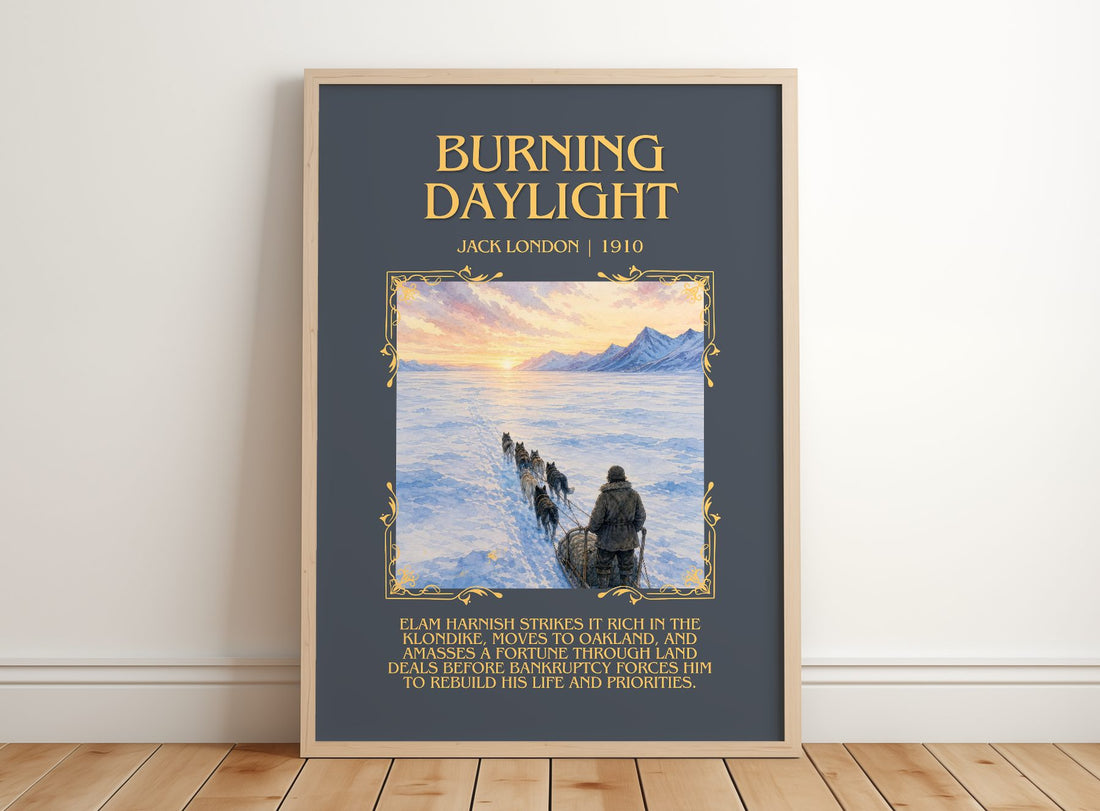 Burning Daylight Minimalist Book Poster by Jack London – framed print leaning on a wooden floor