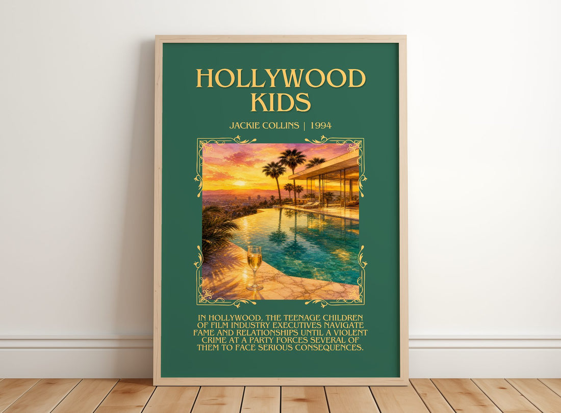 Hollywood Kids Minimalist Book Poster by Jackie Collins – framed print leaning on a wooden floor