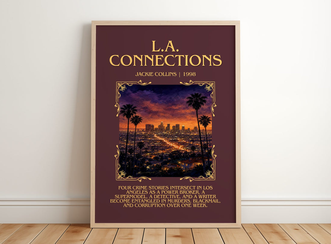 L.A. Connections Minimalist Book Poster by Jackie Collins – framed print leaning on a wooden floor
