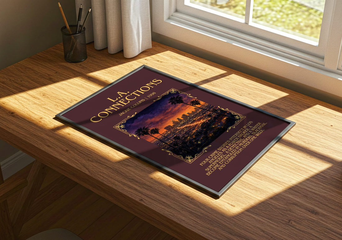 L.A. Connections Minimalist Book Poster by Jackie Collins – print on a sunlit desk
