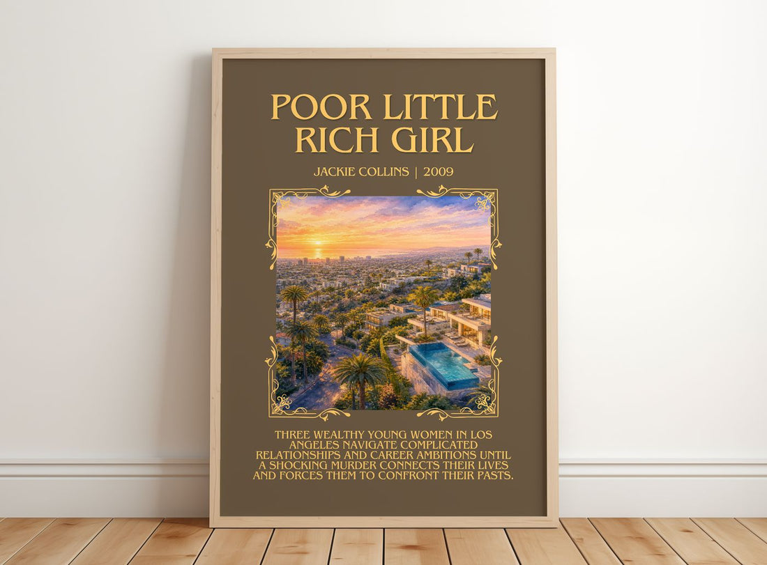 Poor Little Rich Girl Minimalist Book Poster by Jackie Collins – framed print leaning on a wooden floor