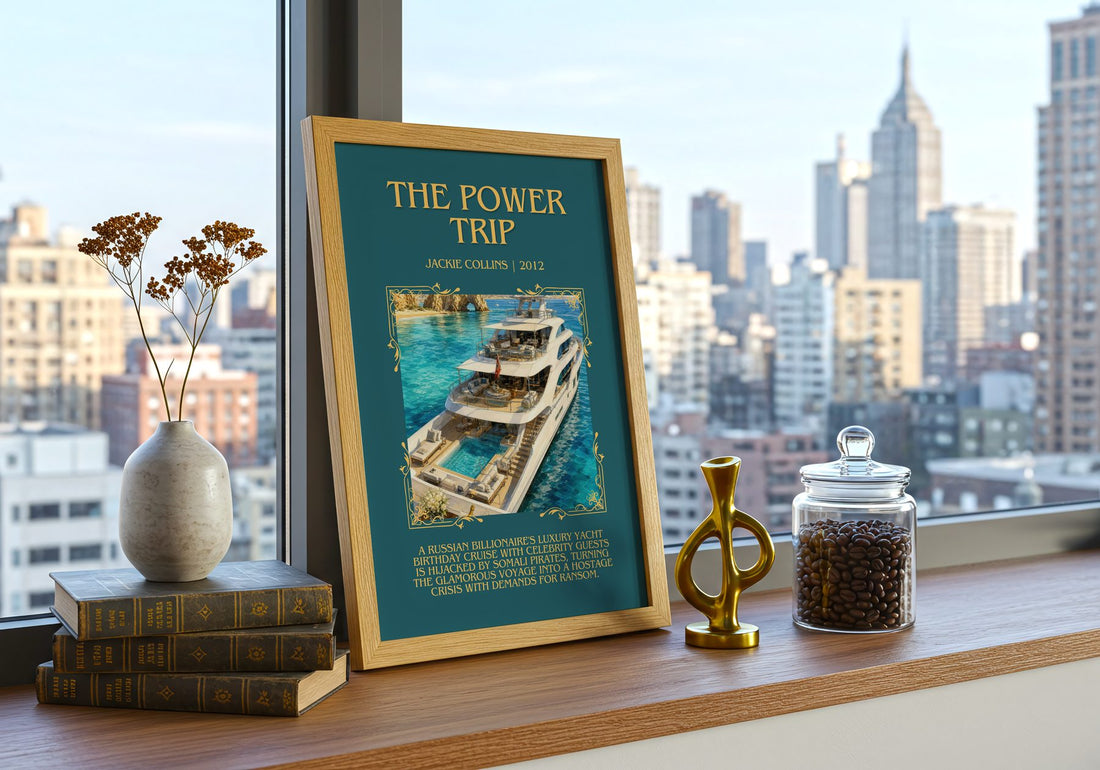 The Power Trip Minimalist Book Poster by Jackie Collins – framed print on a city-view windowsill