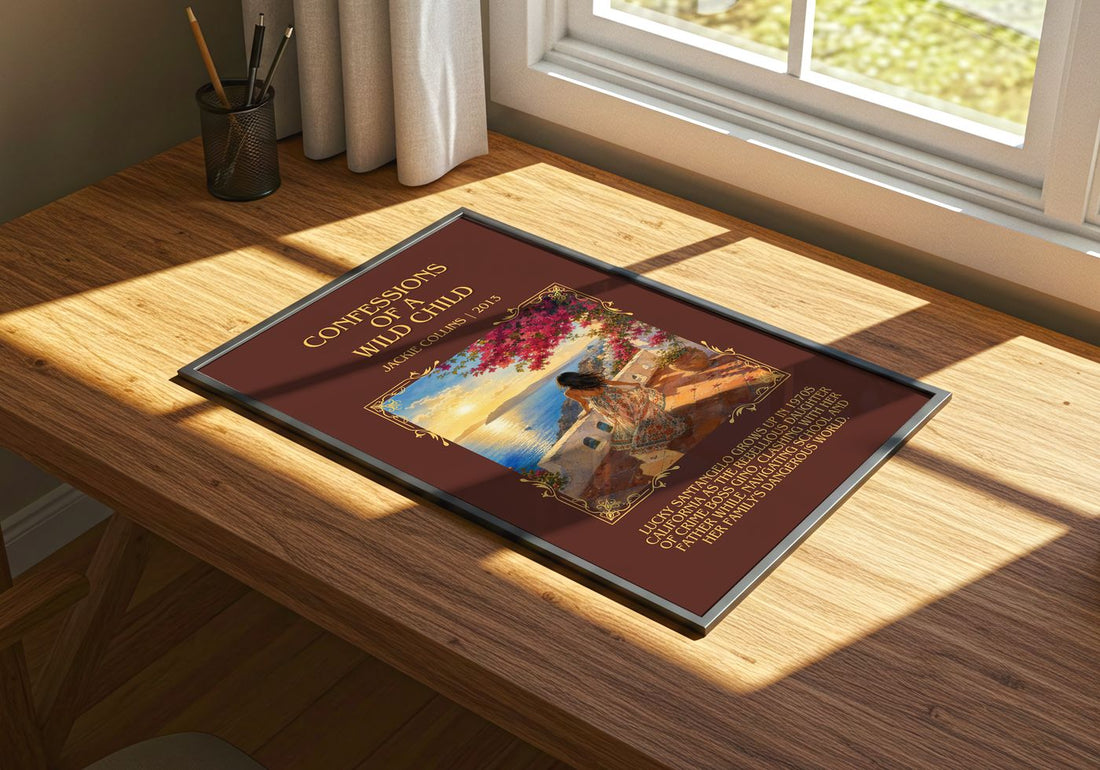 Confessions Of A Wild Child Minimalist Book Poster by Jackie Collins – print on a sunlit desk