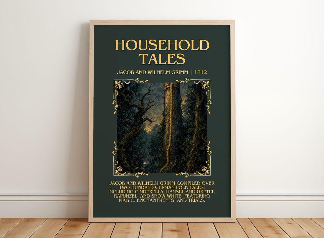 Household Tales Minimalist Book Poster by Jacob And Wilhelm Grimm – framed print leaning on a wooden floor