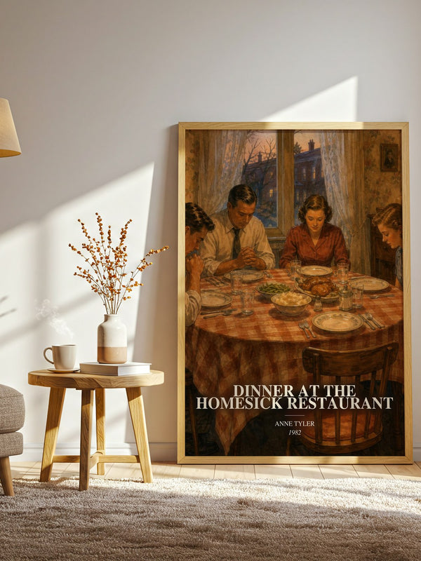 Dinner At The Homesick Restaurant watercolour print in frame leaning in hallway – literary fiction wall art