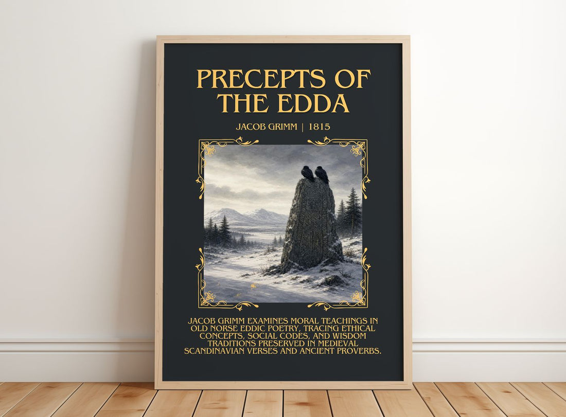 Precepts Of The Edda Minimalist Book Poster by Jacob Grimm – framed print leaning on a wooden floor