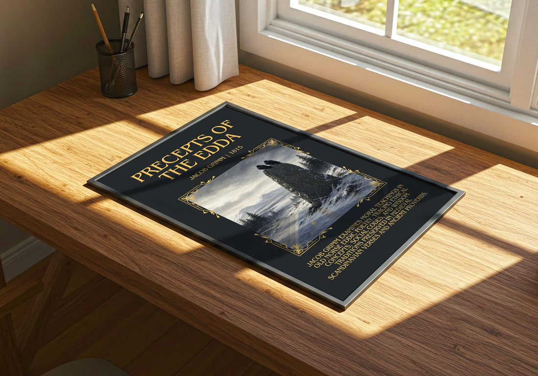 Precepts Of The Edda Minimalist Book Poster by Jacob Grimm – print on a sunlit desk