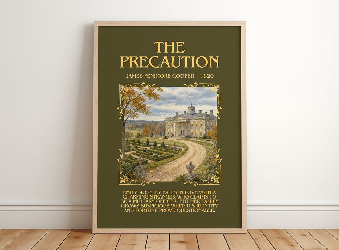 The Precaution Minimalist Book Poster by James Fenimore Cooper – framed print leaning on a wooden floor