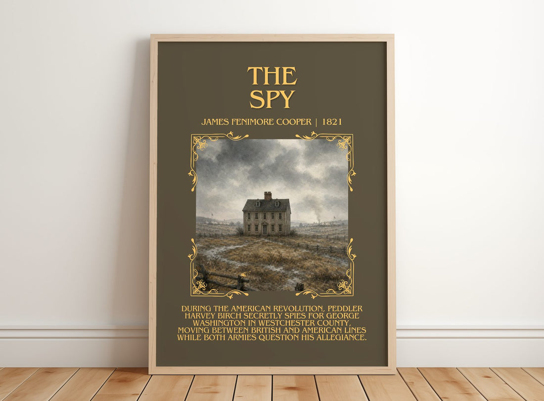 The Spy Minimalist Book Poster by James Fenimore Cooper – framed print leaning on a wooden floor