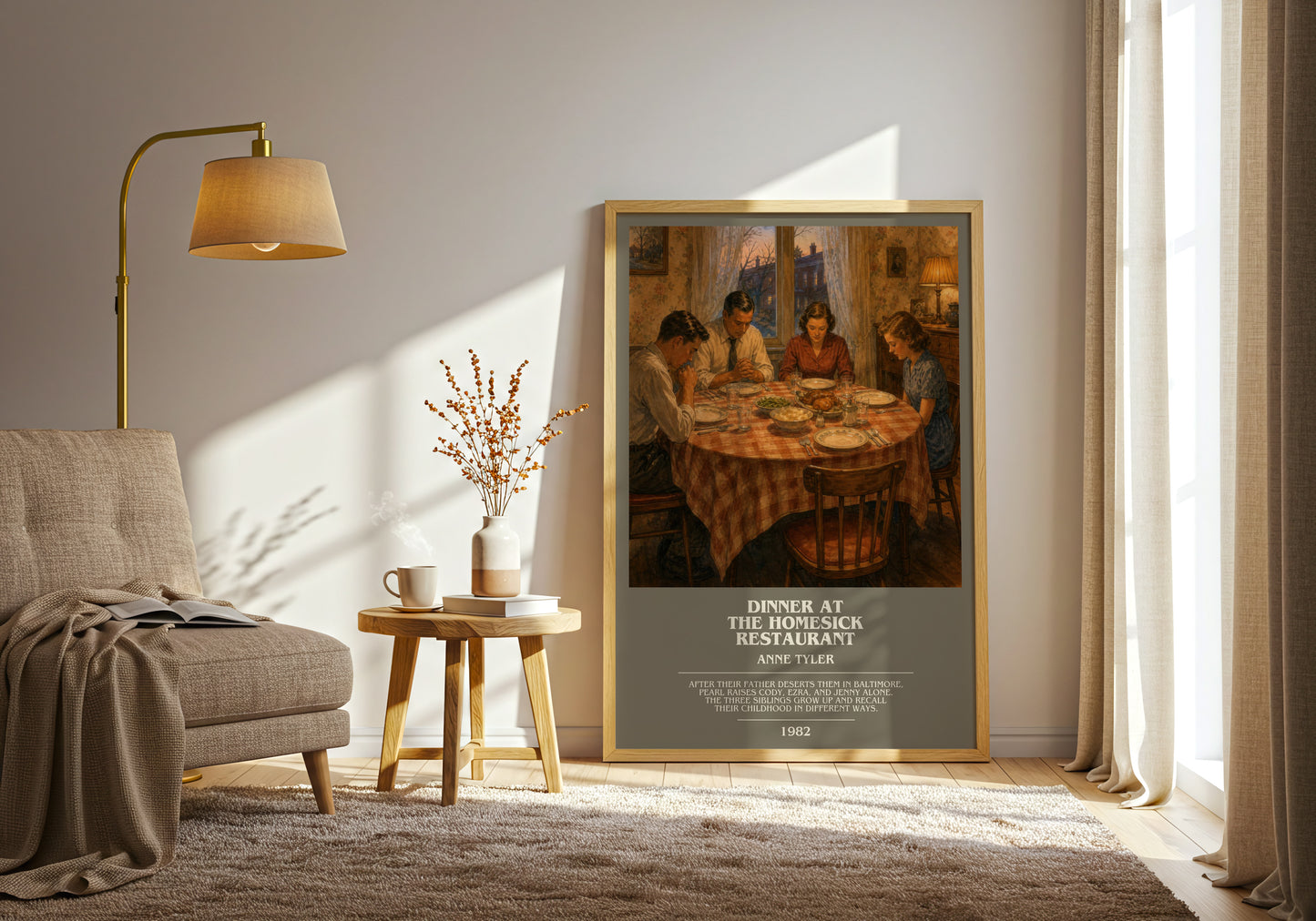 Dinner At The Homesick Restaurant bookish print on bookshelf – Anne Tyler fan gift