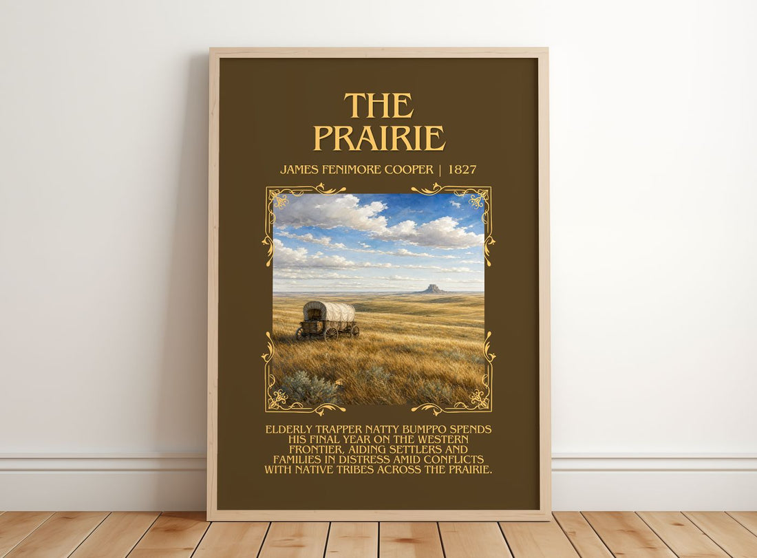 The Prairie Minimalist Book Poster by James Fenimore Cooper – framed print leaning on a wooden floor